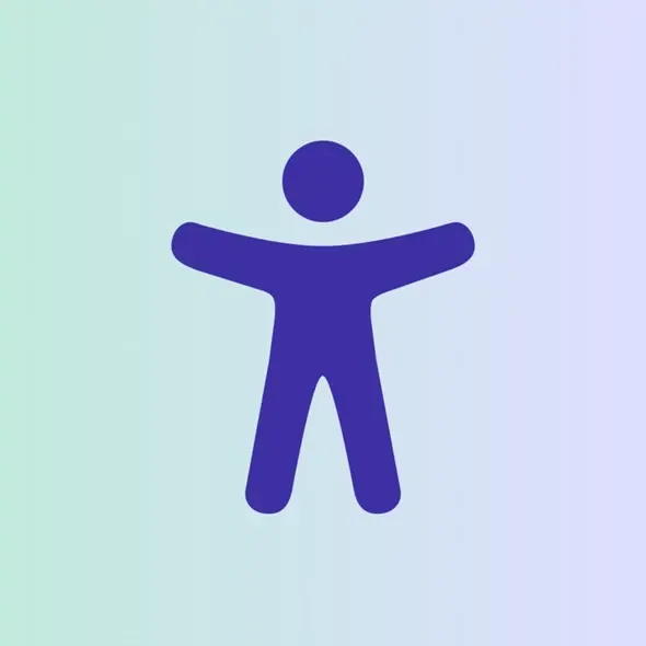 Ikon af en stiliseret person i lilla, der symboliserer tilgængelighed og inklusion med en gradient baggrund.