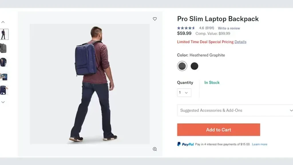 Pro Slim laptop rygsæk i farven heathered graphite, set fra siden på en model, der bærer den, med produktinformation og købsmuligheder i baggrunden.
