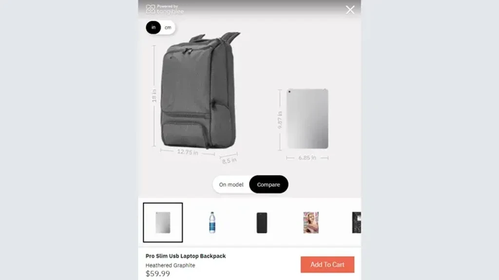 Pro Slim USB laptop rygsæk i heathered grafit med mål og sammenligning med en tablet.