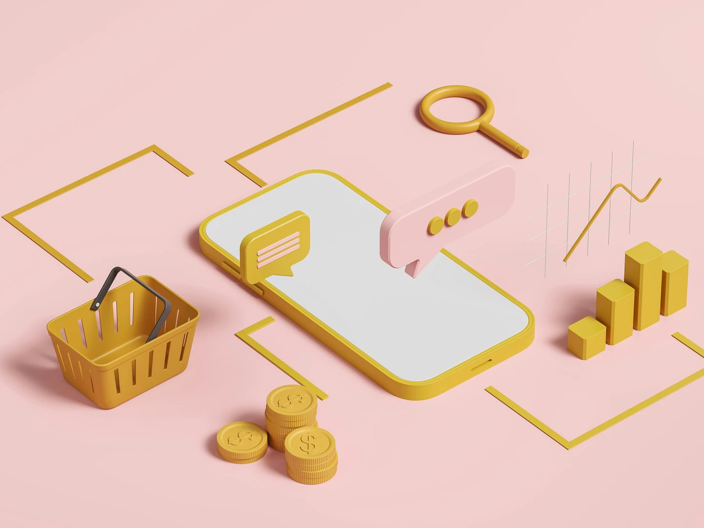 Illustration af en smartphone, en indkøbskurv, møntsymboler og grafiske elementer i gule og rosa nuancer på en pink baggrund, der symboliserer digital handel og kommunikation.