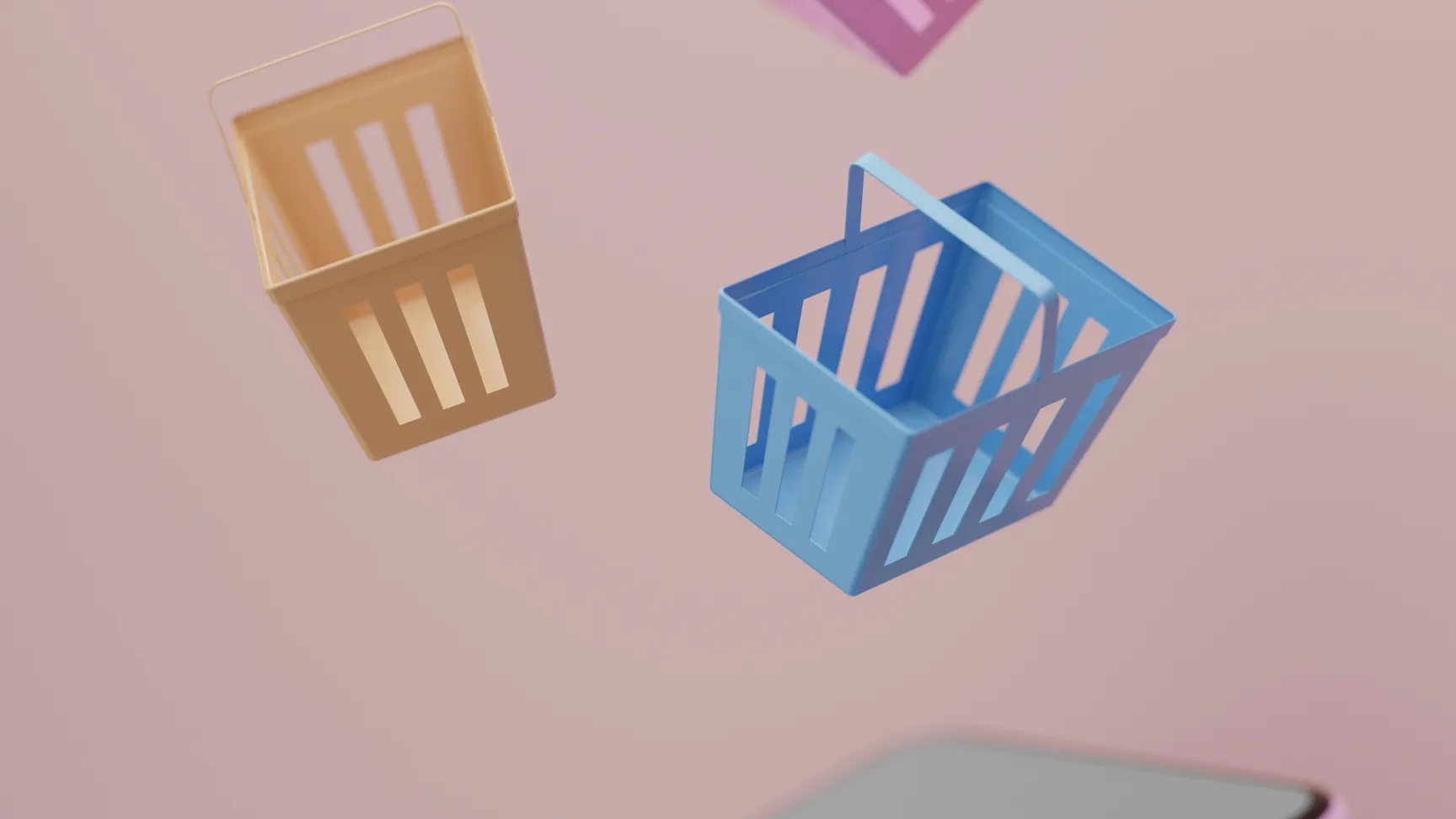 Tre farverige indkøbskurve svæver over en smartphone, mod en blød lyserød baggrund, hvilket symboliserer online shopping og e-handel.