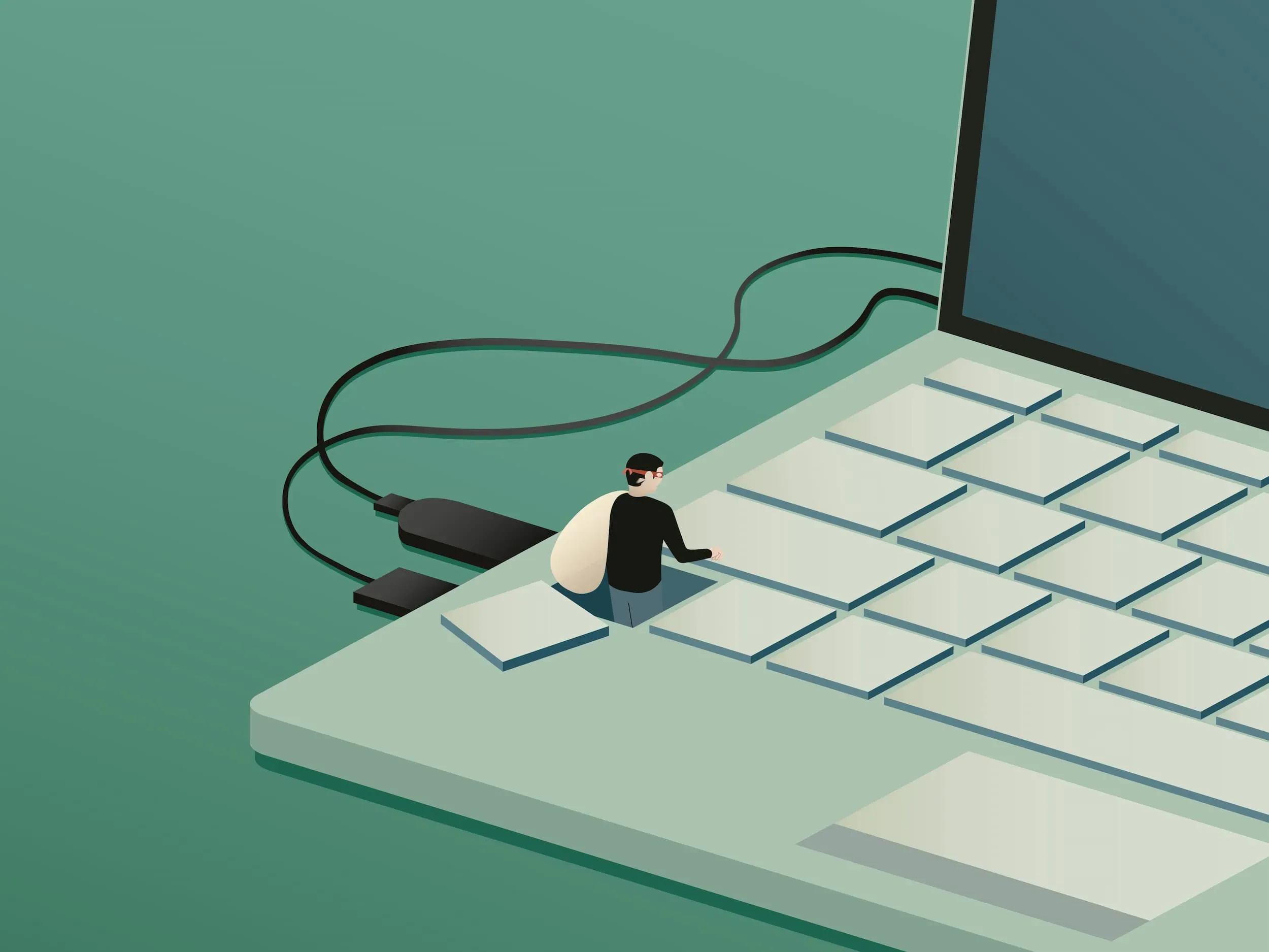 Illustration af en lille indbrudstyv, der kommer ud af tastaturet på en bærbar computer, omgivet af kabler, med fokus på teknologi og it-sikkerhed.