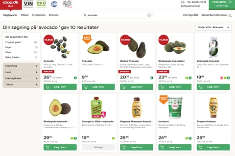 "Skærmbillede af Coop.dk med søgning på 'avocado', viser forskellige avocado produkter med priser, tilbud og tilføj til kurv-knapper."