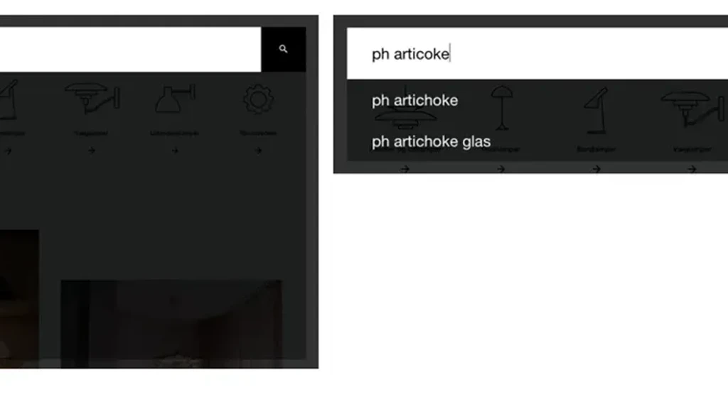 Søgefelt med forslag til PH-lamper, herunder "ph artichoke," "ph hat," og "ph 5", designet til at hjælpe brugere med at finde specifikke lampemodeller.