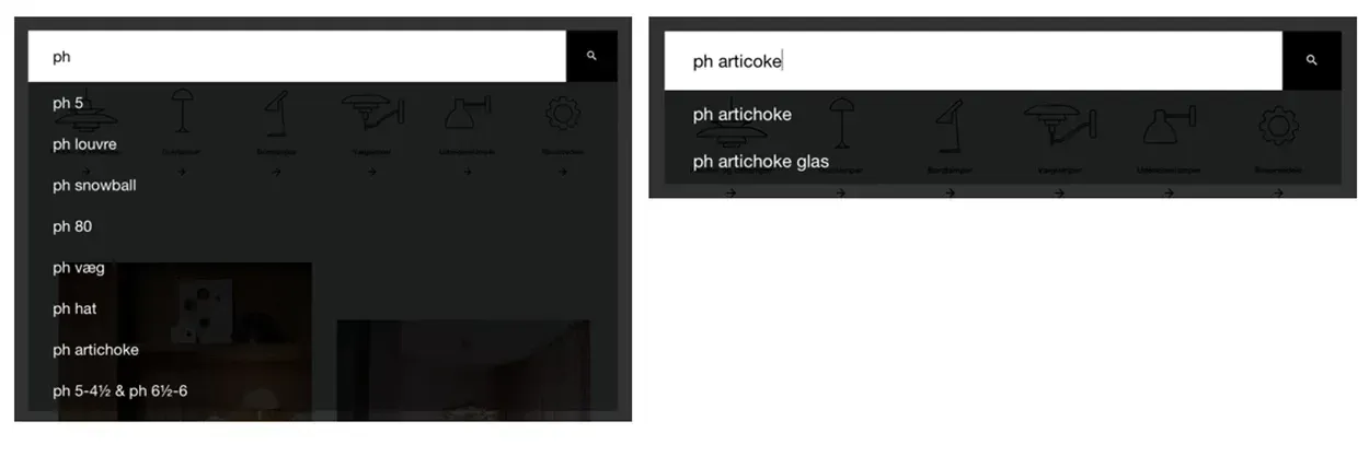 Søgefelt med forslag til PH-lamper, herunder "ph artichoke," "ph hat," og "ph 5", designet til at hjælpe brugere med at finde specifikke lampemodeller.