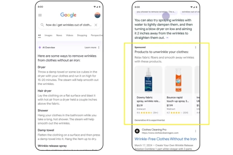 Billede af en mobiltelefon, der viser Googles søgeresultater om, hvordan man fjerner rynker fra tøj uden at bruge et strygjern, samt sponsorerede produkter til at udglatte tøjrynker, herunder en spray fra Downy og Bounce.
