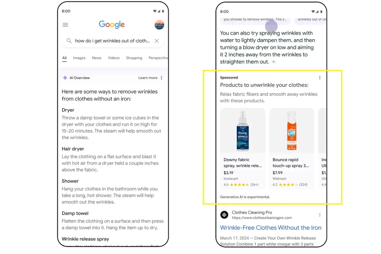 Billede af en mobiltelefon, der viser Googles søgeresultater om, hvordan man fjerner rynker fra tøj uden at bruge et strygjern, samt sponsorerede produkter til at udglatte tøjrynker, herunder en spray fra Downy og Bounce.