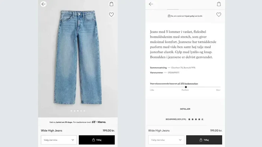 Billede af Wide High Jeans i lys denim med fem lommer og en klassisk pasform, præsenteret på en hvid baggrund, inklusive oplysninger om størrelse og materiale.