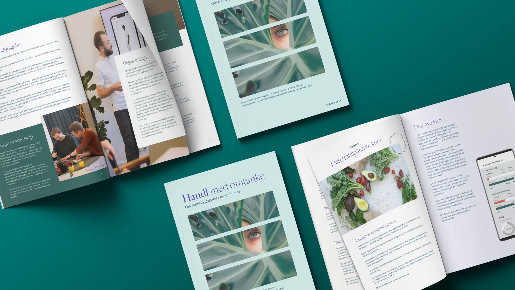 Billede af en brochure om bæredygtighed i e-handel, med fokus på digital strategi og design stewardship, præsenteret med billeder af mad og en person, der holder en præsentation.