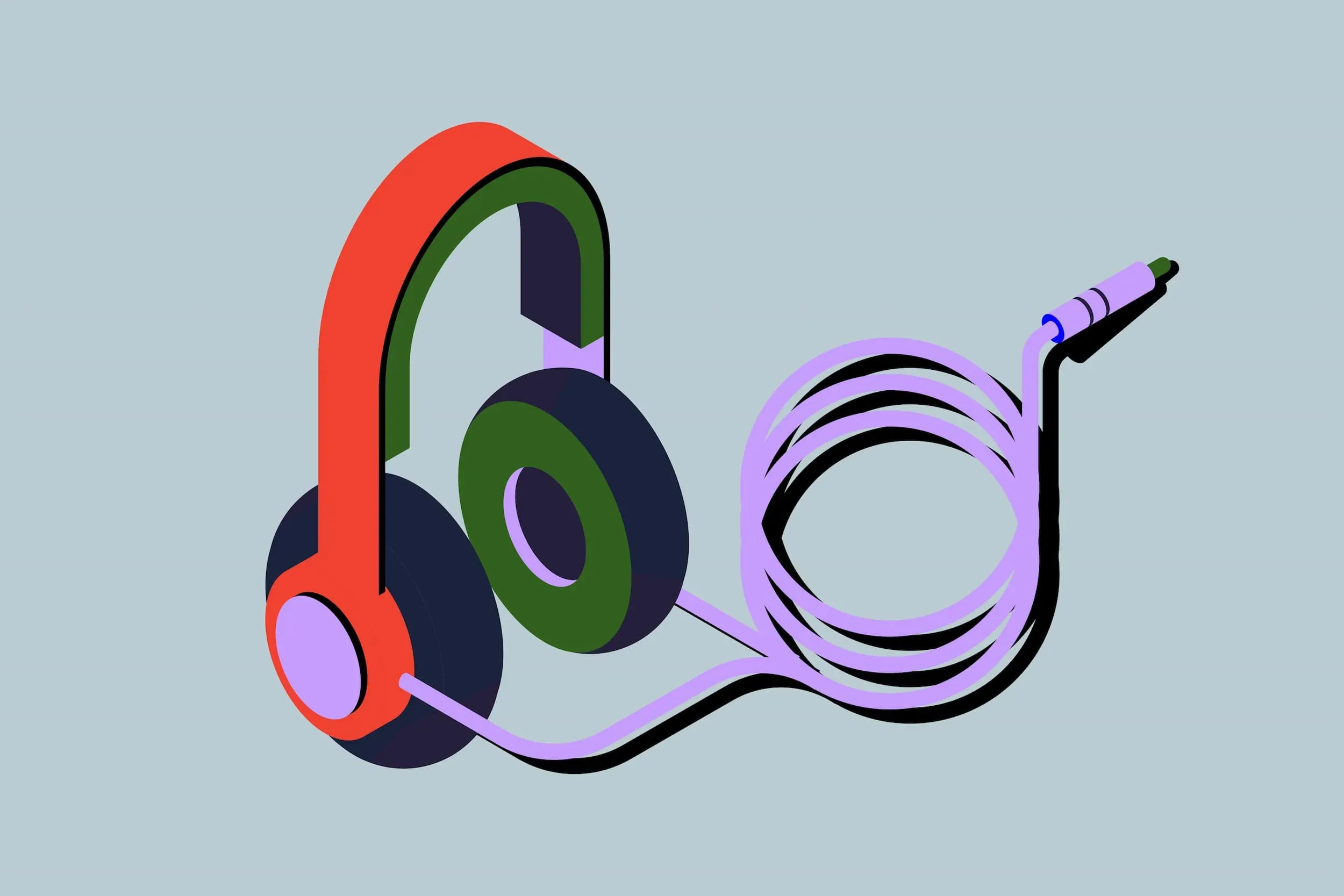 En illustration af et par farverige høretelefoner med en slank ledning på en lys baggrund.