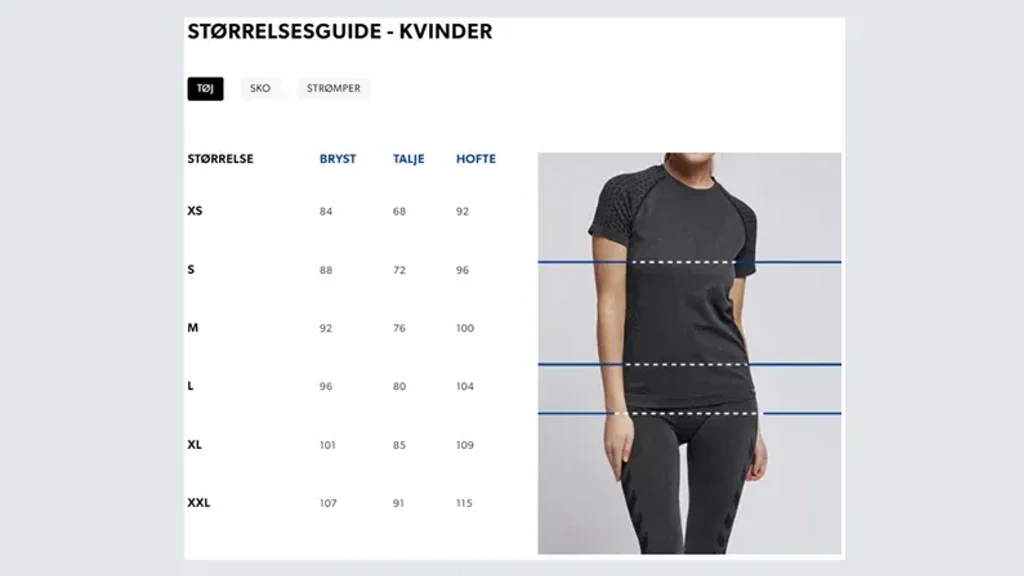 Størrelsesguide for kvinder med målinger af bryst, talje og hofter, præsenteret med grafisk oversigt og model iført t-shirt og bukser.