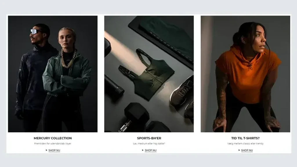 Billede af tre kolonner med mode til sporty livsstil. Til venstre står en model i en sort jakke og solbriller, i midten vises sports-bh'er og træningsudstyr, og til højre en model iført en orange cropped t-shirt, der fokuserer på fitness.