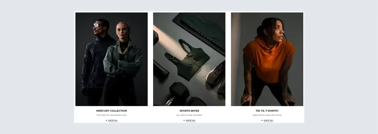 Billede af tre kolonner med mode til sporty livsstil. Til venstre står en model i en sort jakke og solbriller, i midten vises sports-bh'er og træningsudstyr, og til højre en model iført en orange cropped t-shirt, der fokuserer på fitness.