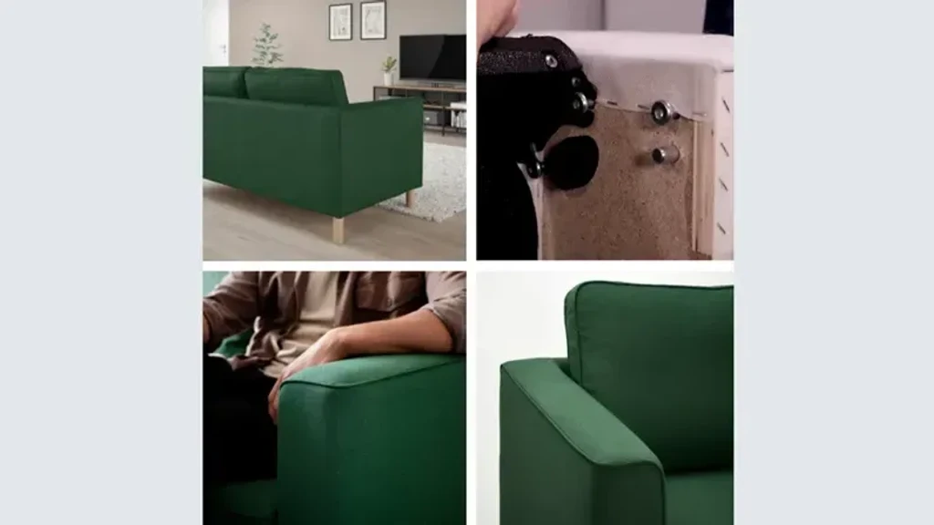 Fire billeder af en grøn sofa med detaljer om design og funktionalitet. Øverste venstre viser sofaens side og ryg, øverste højre fokuserer på samlingsdetaljer, nederste venstre fremhæver en person der sidder og hviler armen på sofaens arm, mens nederste højre viser sofaens arm i nærbillede.