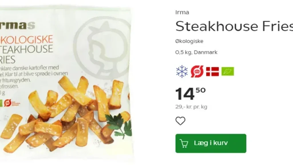 Økologiske Steakhouse Fries fra Irma, lavet af danske kartofler, skal bruges til bagning eller friturestegning, 500 g emballage.