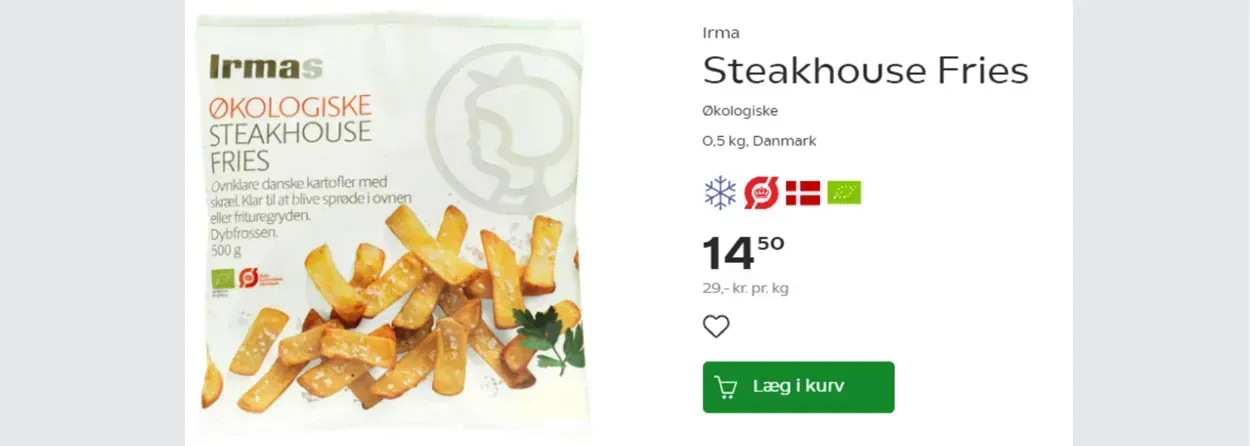 Økologiske Steakhouse Fries fra Irma, lavet af danske kartofler, skal bruges til bagning eller friturestegning, 500 g emballage.
