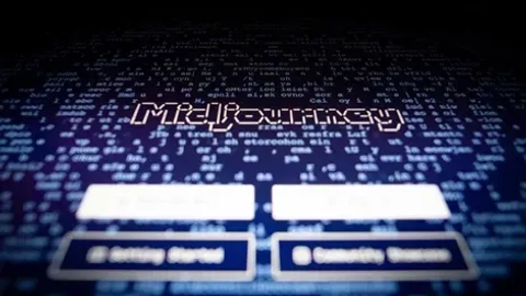 Alt-text: "MidJourney login skærm med kode og brugerindstillinger, der viser muligheder for at komme i gang og vælge en skabelon."