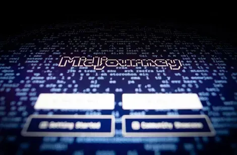 Alt-text: "MidJourney login skærm med kode og brugerindstillinger, der viser muligheder for at komme i gang og vælge en skabelon."