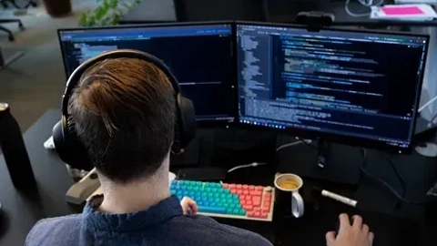 En programmør arbejder ved et skrivebord med to skærme, iført hovedtelefoner. Skærmene viser kode, og der er en farverig mekanisk tastatur og en kop kaffe foran dem.