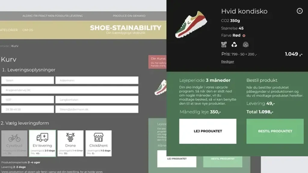 ALT tekst: Skærmbillede af en online ordreform til bæredygtige kondisko, der viser leveringsoplysninger, valg af leveringsmetode og detaljer om produktet, herunder størrelse, farve og pris.
