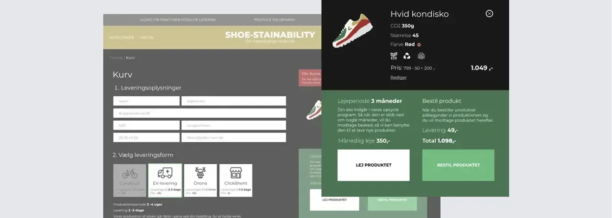 ALT tekst: Skærmbillede af en online ordreform til bæredygtige kondisko, der viser leveringsoplysninger, valg af leveringsmetode og detaljer om produktet, herunder størrelse, farve og pris.