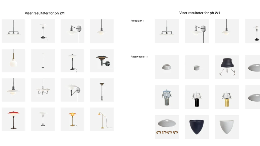 Viser et udvalg af lampeprodukter og reservedel til PH 2/1, herunder pendellamper, væglamper og bordlamper med moderne design.