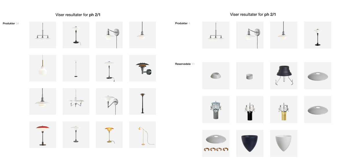 Viser et udvalg af lampeprodukter og reservedel til PH 2/1, herunder pendellamper, væglamper og bordlamper med moderne design.