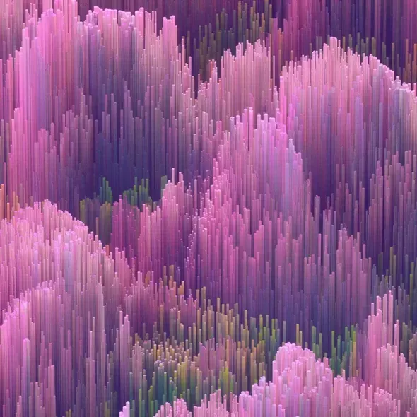 Farverig 3D grafik af bølgende landskab med stænger i nuancer af pink, lilla og grøn, der skaber dybde og tekstur.