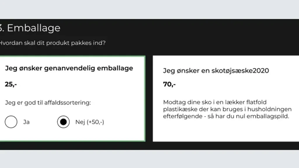 ALT: Billede af emballagevalg til produkter med valg om genanvendelig emballage eller skotøjskasse, med information om omkostninger og affaldssortering.