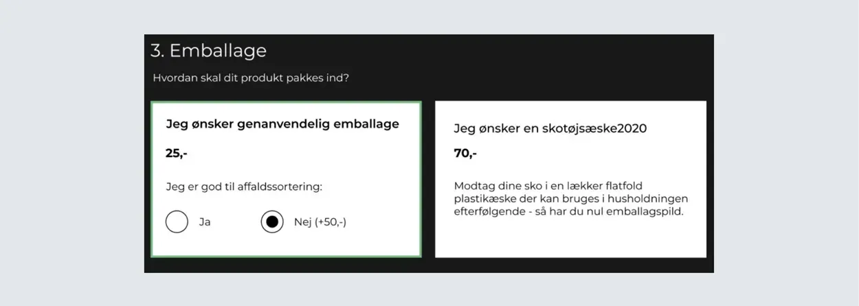 ALT: Billede af emballagevalg til produkter med valg om genanvendelig emballage eller skotøjskasse, med information om omkostninger og affaldssortering.