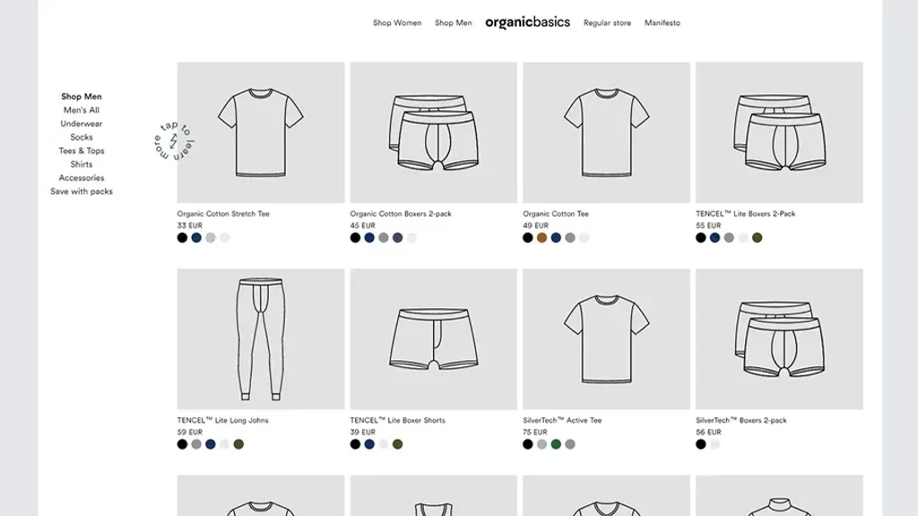 Skærmbillede af herretøj fra Organic Basics, der viser forskellige produkter som t-shirts og boxershorts med priser og farvemuligheder.