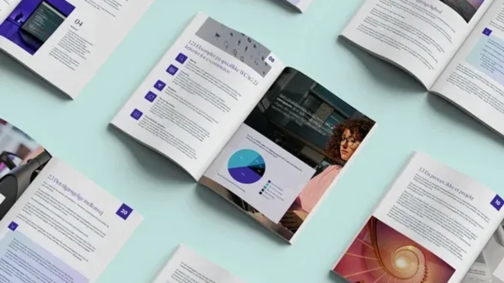 Billede af flere åbne brochurer og magasiner med tekst og grafik, der viser design, data og analyser, anordnet på en lys baggrund.
