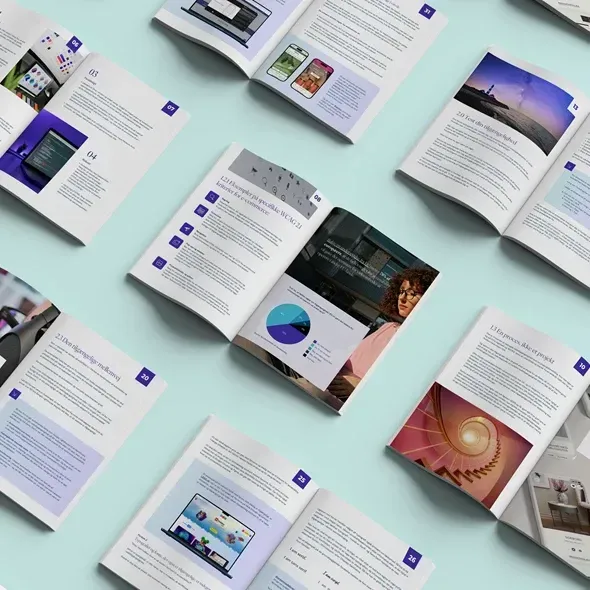 Billede af flere åbne brochurer og magasiner med tekst og grafik, der viser design, data og analyser, anordnet på en lys baggrund.