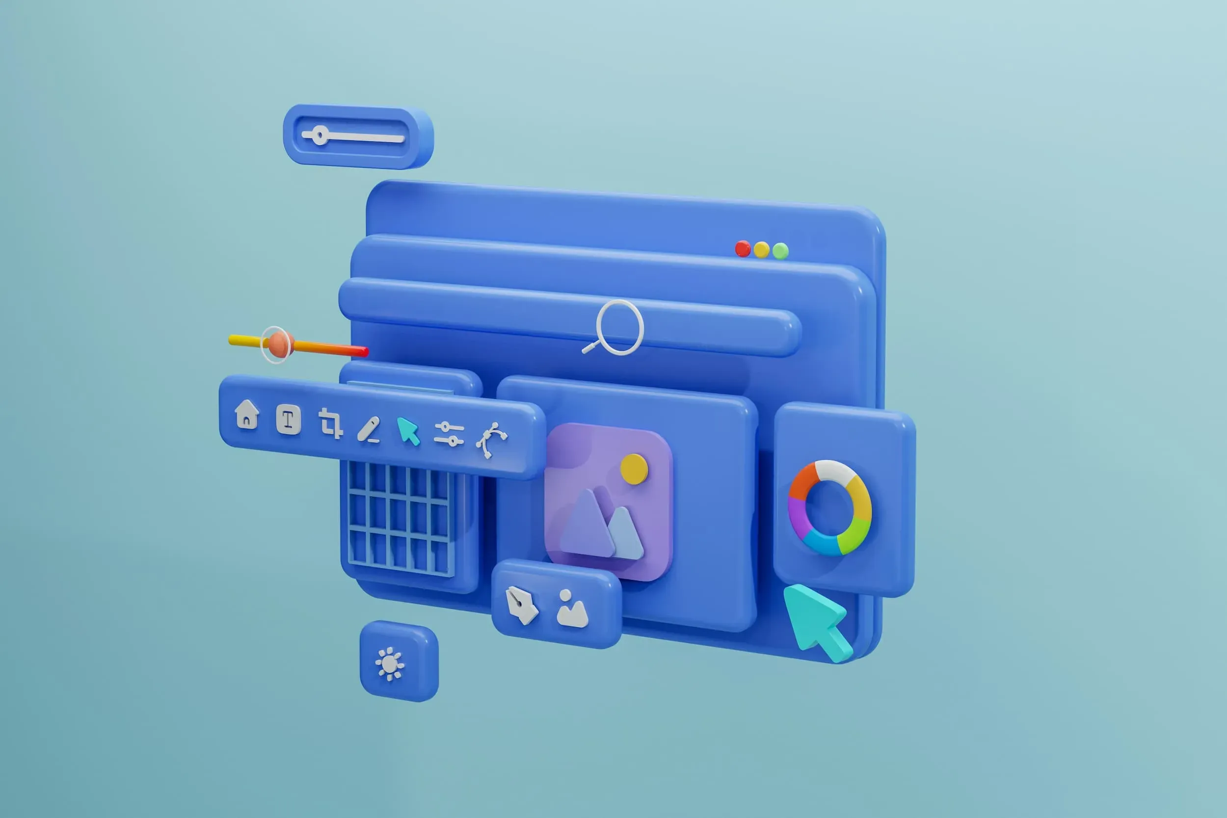 Illustration af en moderne brugergrænseflade med blå farver og forskellige ikoner såsom hjem, billedredigering, værktøjer og farvepalette, der repræsenterer digitale design- og redigeringsfunktioner.