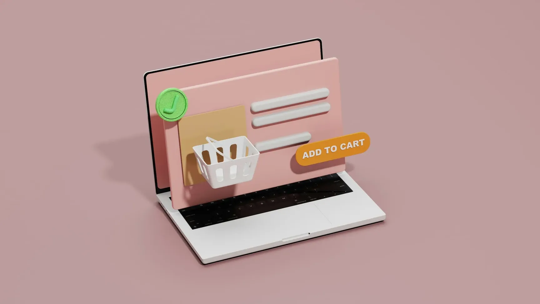 En computer med en pink skærm, der viser en indkøbskurv og knappen "Tilføj til kurv", sat op på en beige baggrund, hvilket symboliserer online shopping.
