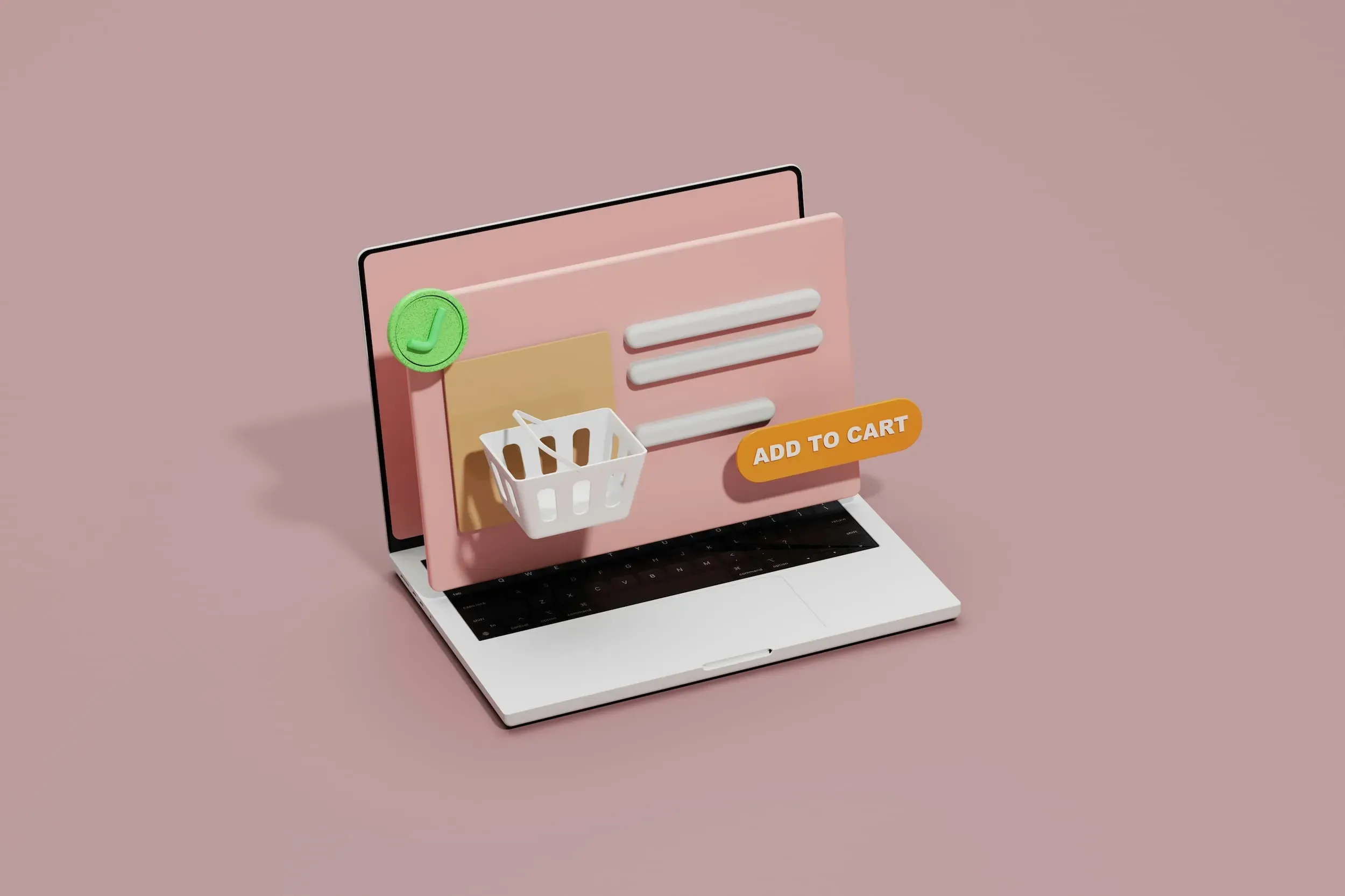 En computer med en pink skærm, der viser en indkøbskurv og knappen "Tilføj til kurv", sat op på en beige baggrund, hvilket symboliserer online shopping.