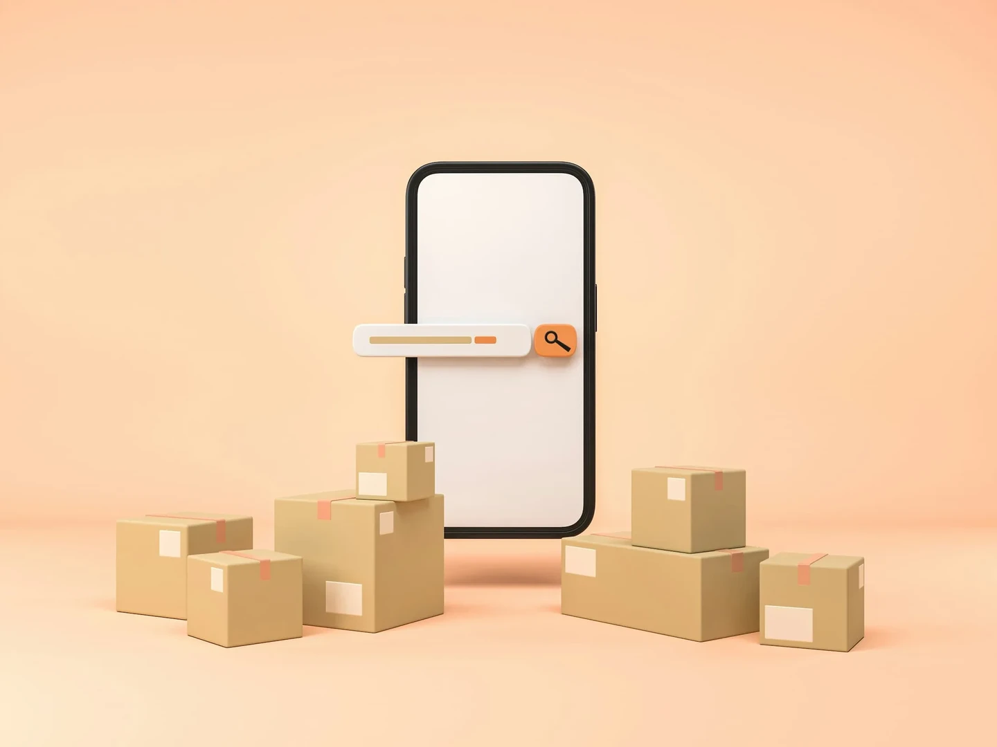 Smartphone med søgefelt foran kasser på en blød orange baggrund, der symboliserer e-handel og logistik.