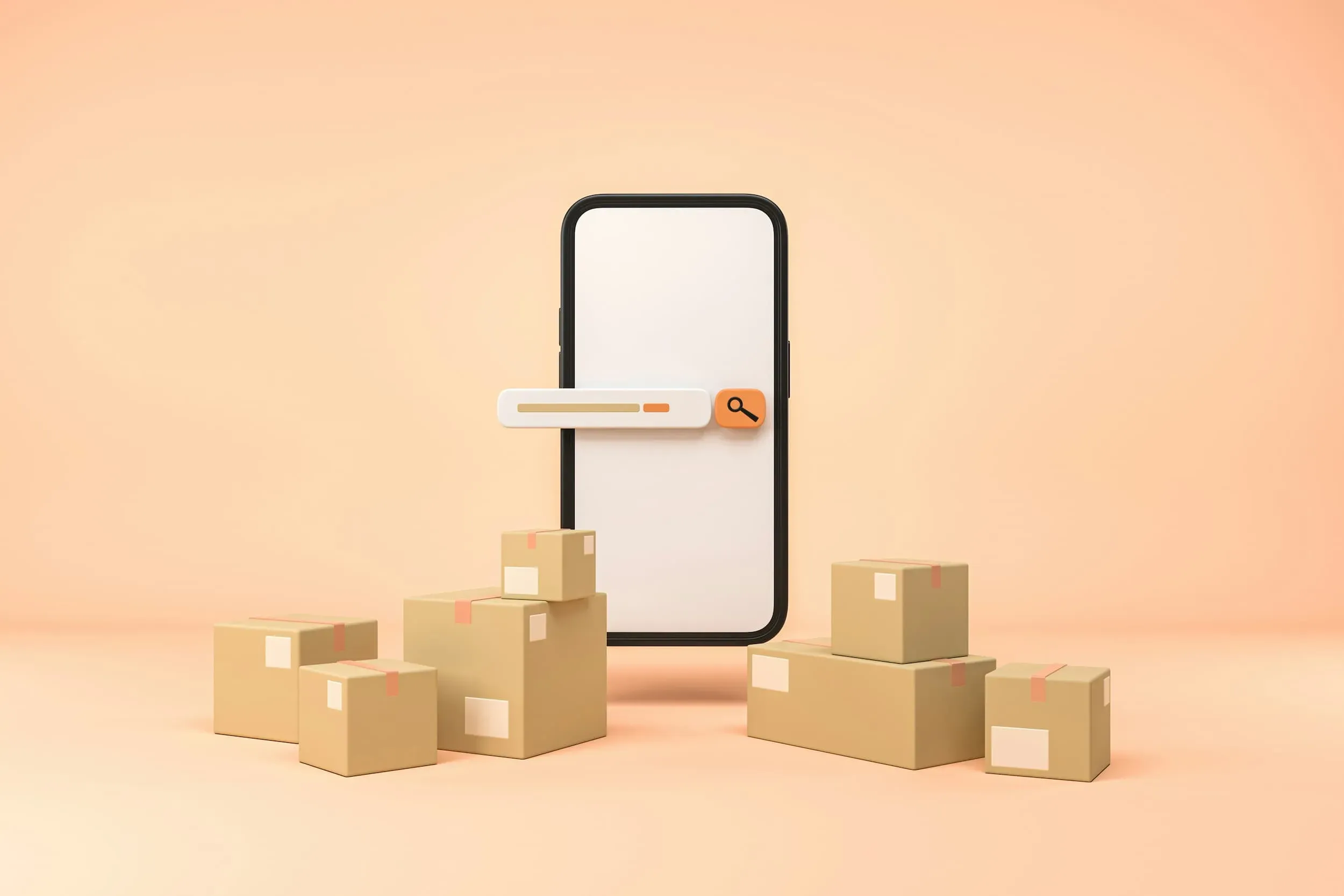 Smartphone med søgefelt foran kasser på en blød orange baggrund, der symboliserer e-handel og logistik.