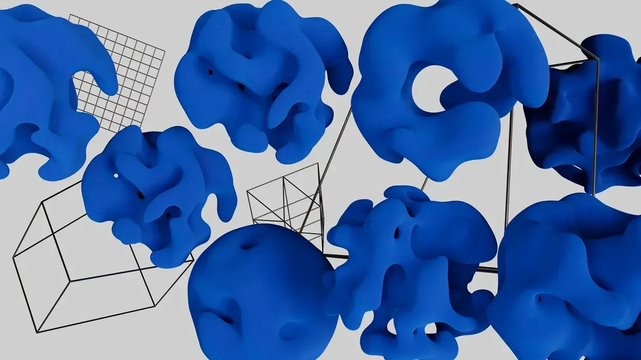 Blå organiske former og geometriske figurer på en grå baggrund, der skaber en moderne og kreativ komposition.