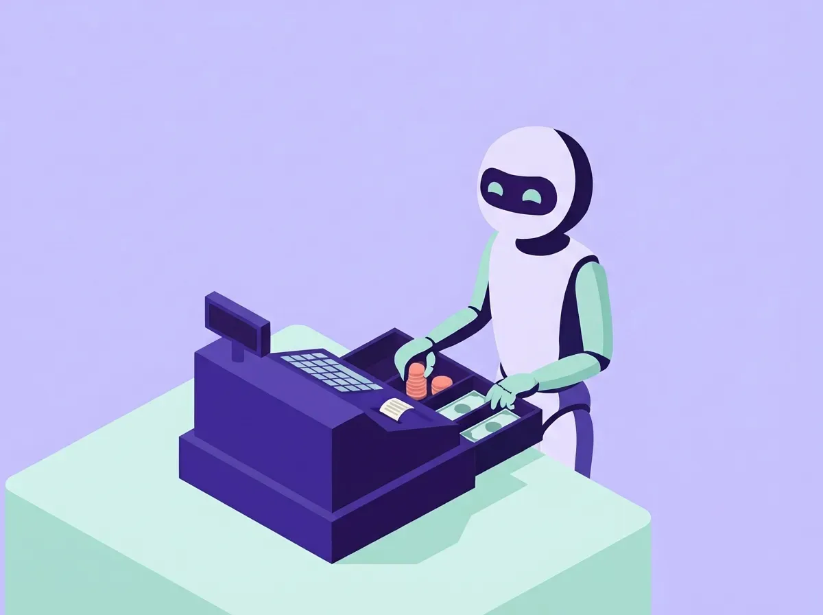En robot står ved en kasseapparat og håndterer penge, med en pastel lilla baggrund.