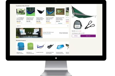 Billede af en computer skærm, der viser en handelsplatform med anbefalede produkter, herunder hængekøjer og campingudstyr, samt priser og muligheder for at tilføje varer til indkøbskurven.