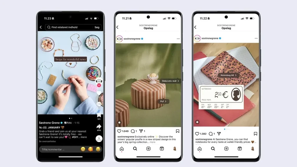 Billeder af tre smartphones, der viser Instagram-opsalg fra Sæstrene Grene, inklusiv DIY-perler, en stribet pouf og smukke notesbøger med priser.