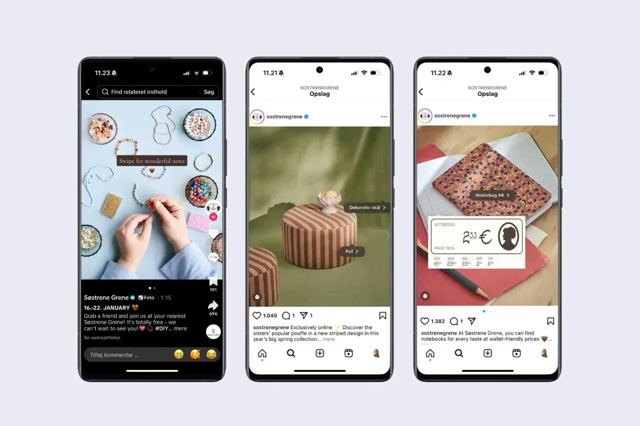 Billeder af tre smartphones, der viser Instagram-opsalg fra Sæstrene Grene, inklusiv DIY-perler, en stribet pouf og smukke notesbøger med priser.