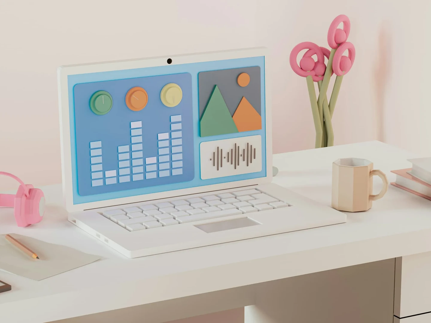 Et moderne skrivebord med en laptop, der viser en farverig brugergrænseflade med lydniveauindikatorer og grafiske elementer, samt en pink hovedtelefon, en notesblok, en blyant og en minimalistisk kaffekop. Baggrunden er blød og neutral.