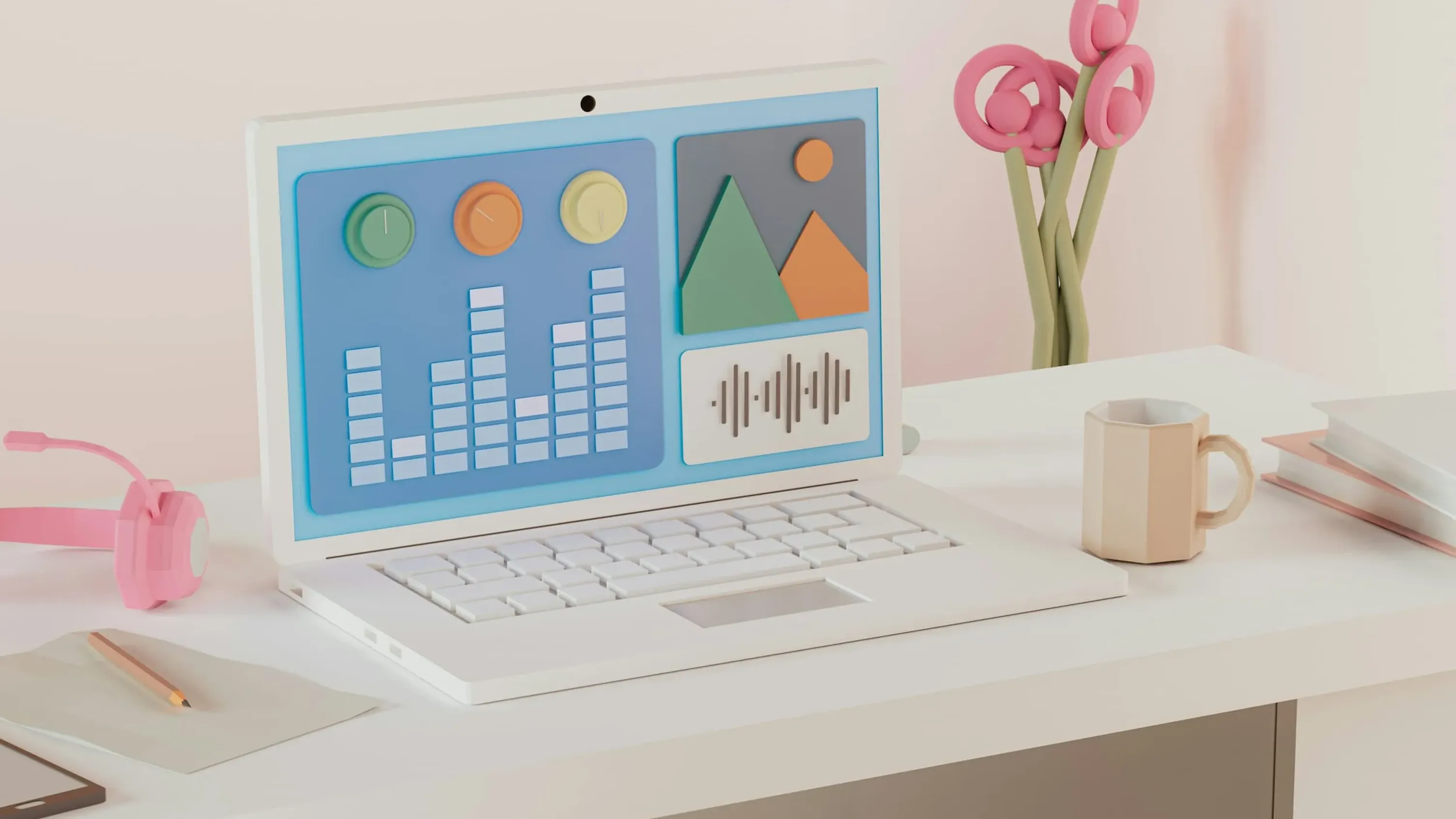 Et moderne skrivebord med en laptop, der viser en farverig brugergrænseflade med lydniveauindikatorer og grafiske elementer, samt en pink hovedtelefon, en notesblok, en blyant og en minimalistisk kaffekop. Baggrunden er blød og neutral.