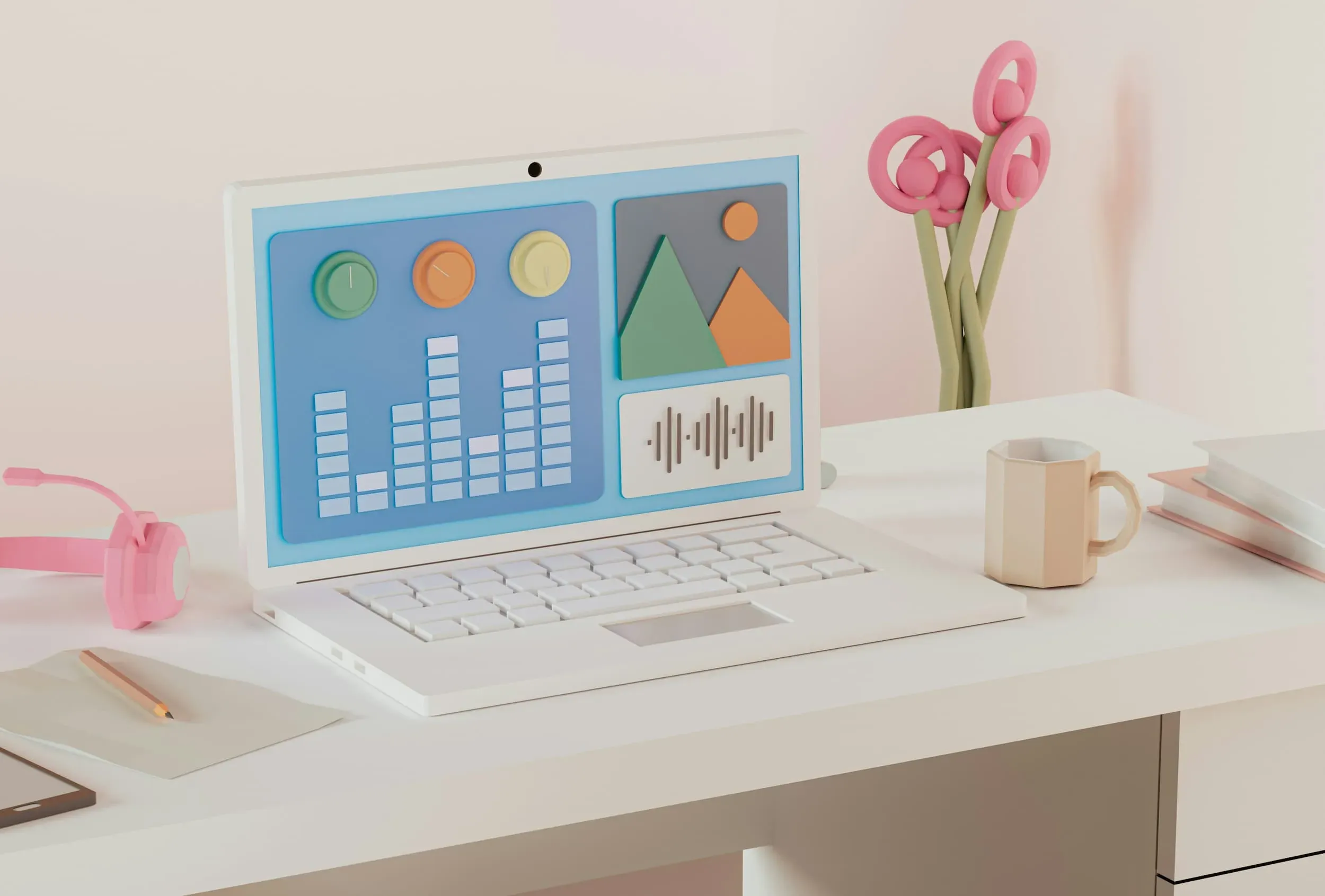 Et moderne skrivebord med en laptop, der viser en farverig brugergrænseflade med lydniveauindikatorer og grafiske elementer, samt en pink hovedtelefon, en notesblok, en blyant og en minimalistisk kaffekop. Baggrunden er blød og neutral.