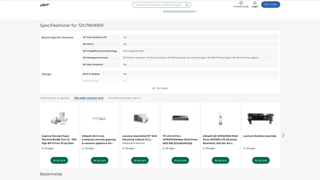 Specifikationer for HP produkt 7ZU78A#B19 med brand-specifikke funktioner, design med indbygget farvedisplay og relaterede produkter til rådighed.