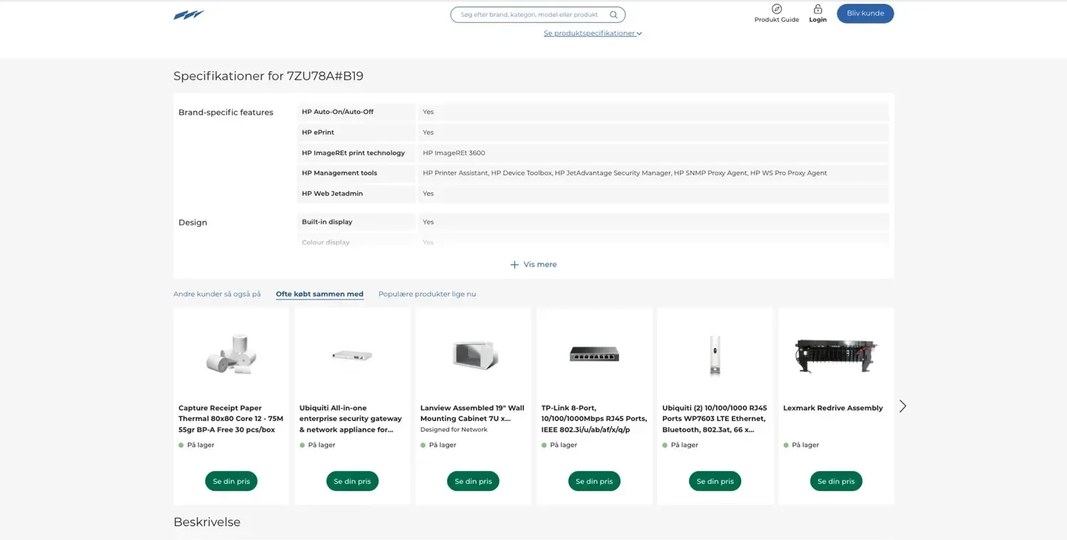 Specifikationer for HP produkt 7ZU78A#B19 med brand-specifikke funktioner, design med indbygget farvedisplay og relaterede produkter til rådighed.