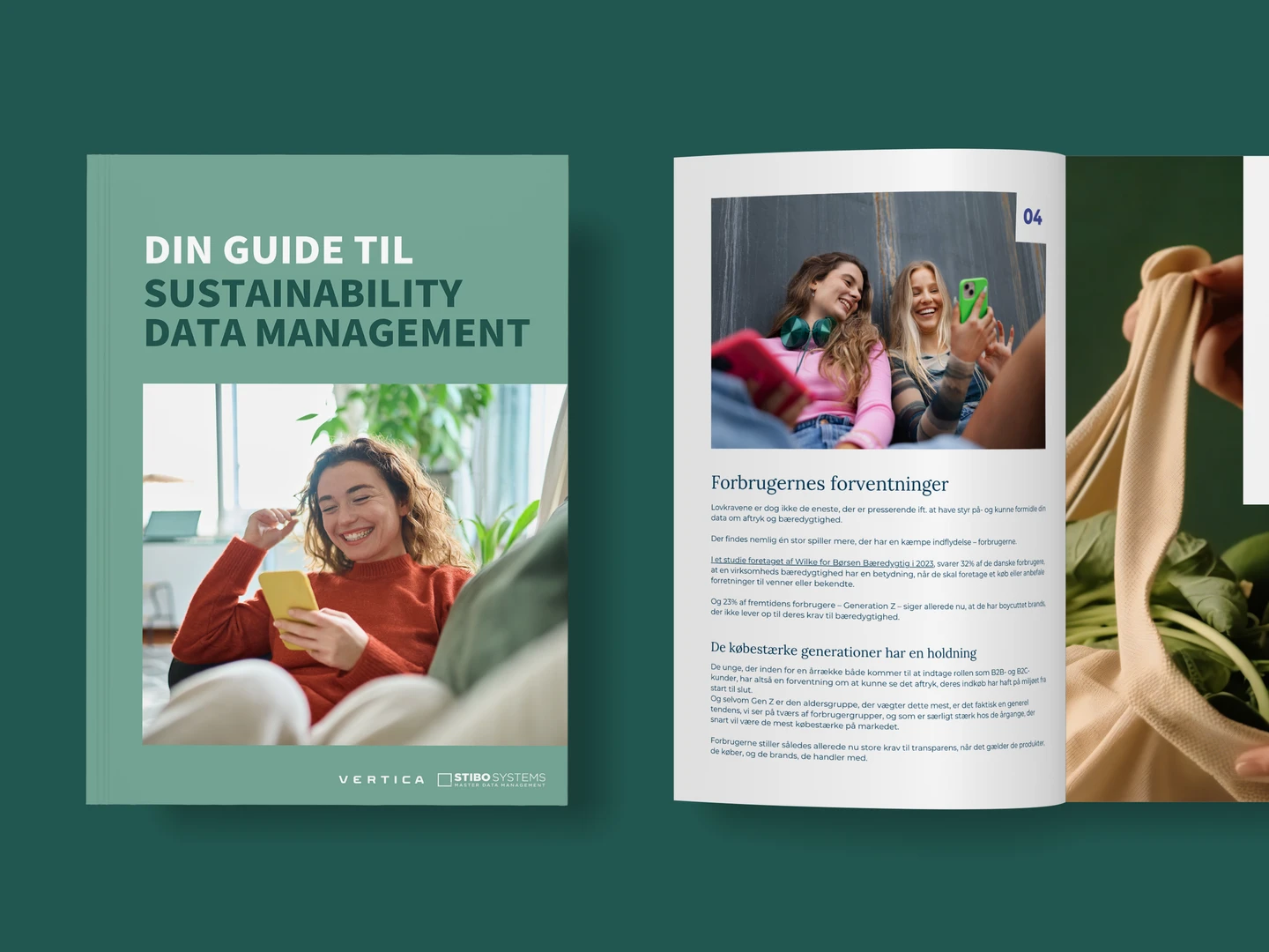 Illustration af en guide til bæredygtighedsdatahåndtering, med fokus på forbrugernes forventninger, og billeder af kvinder, der smiler og interagerer med deres mobile enheder.