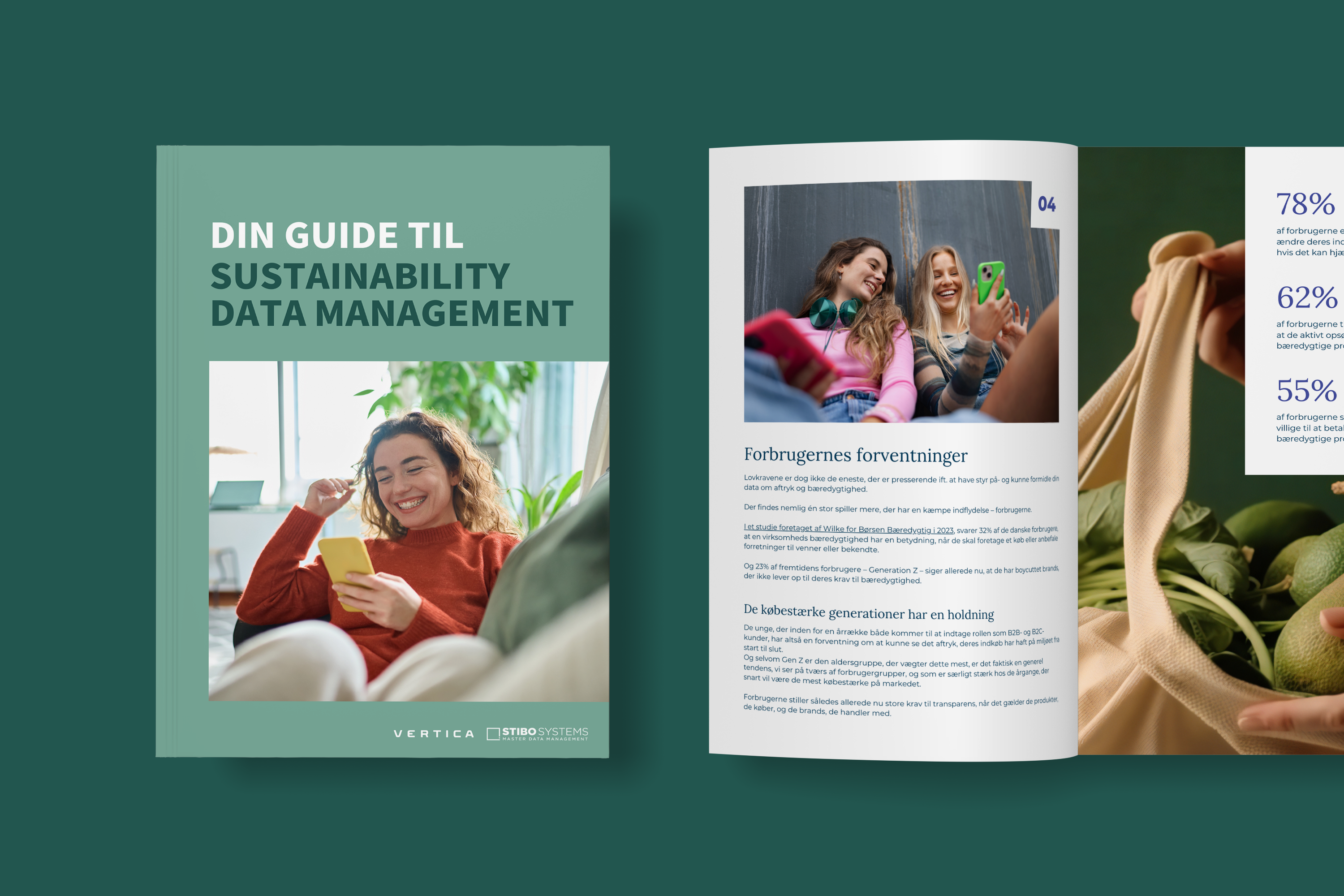 Illustration af en guide til bæredygtighedsdatahåndtering, med fokus på forbrugernes forventninger, og billeder af kvinder, der smiler og interagerer med deres mobile enheder.